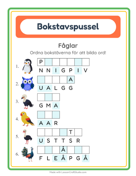 Förhandsvisning av Bokstavspussel-arbetsblad med Fåglar för Årskurs 1