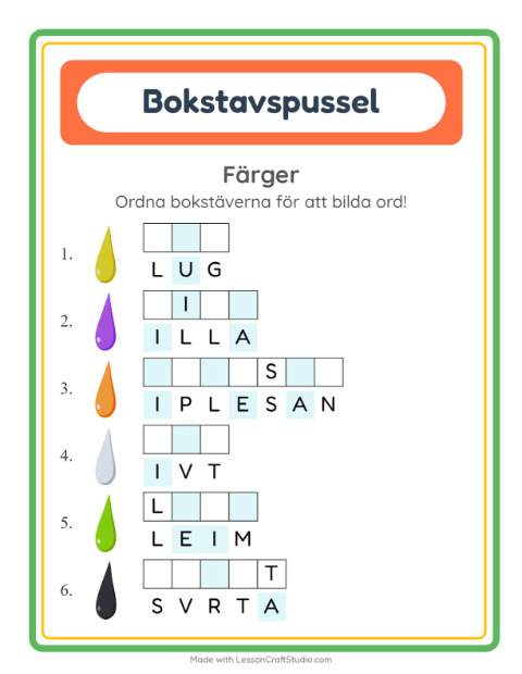 Förhandsvisning av Bokstavspussel-arbetsblad med Färger för Årskurs 1