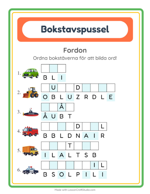 Förhandsvisning av Bokstavspussel-arbetsblad med Fordon för Årskurs 1
