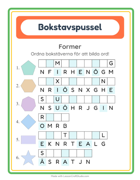 Förhandsvisning av Bokstavspussel-arbetsblad med Former för Årskurs 1