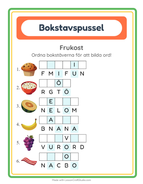 Förhandsvisning av Bokstavspussel-arbetsblad med Frukost för Årskurs 1