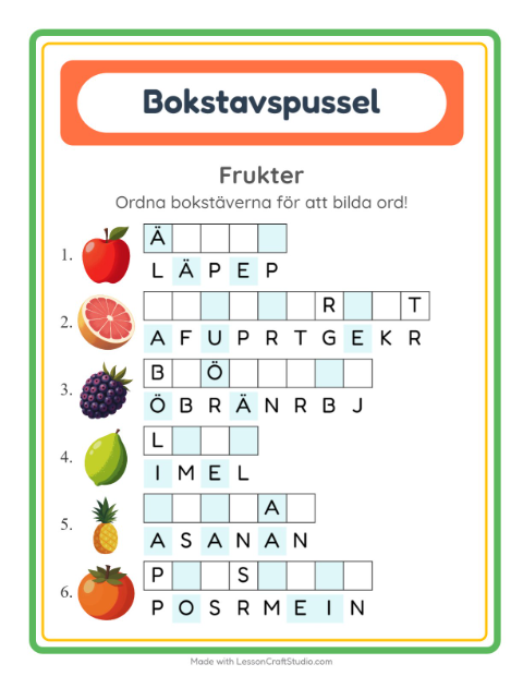 Förhandsvisning av Bokstavspussel-arbetsblad med Frukter för Årskurs 1