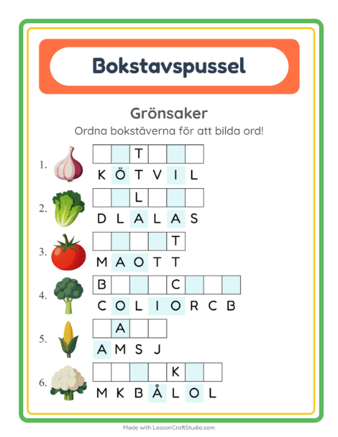 Förhandsvisning av Bokstavspussel-arbetsblad med Grönsaker för Årskurs 1