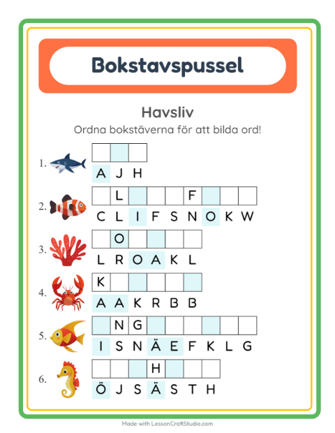 Förhandsvisning av Bokstavspussel-arbetsblad med Havsliv för Årskurs 1