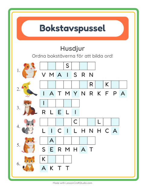 Förhandsvisning av Bokstavspussel-arbetsblad med Husdjur för Årskurs 1