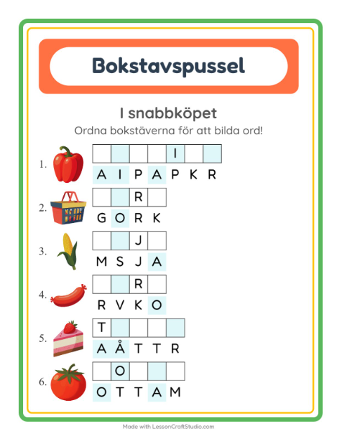 Förhandsvisning av Bokstavspussel-arbetsblad med I snabbköpet för Årskurs 1