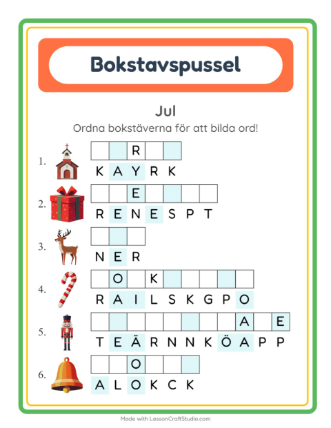 Förhandsvisning av Bokstavspussel-arbetsblad med Jul för Årskurs 1