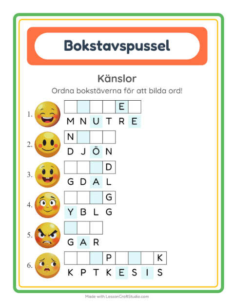 Förhandsvisning av Bokstavspussel-arbetsblad med Känslor för Årskurs 1