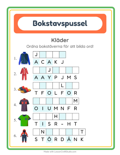 Förhandsvisning av Bokstavspussel-arbetsblad med Kläder för Årskurs 1