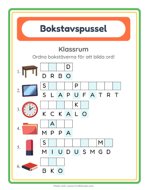 Förhandsvisning av Bokstavspussel-arbetsblad med Klassrum för Årskurs 1