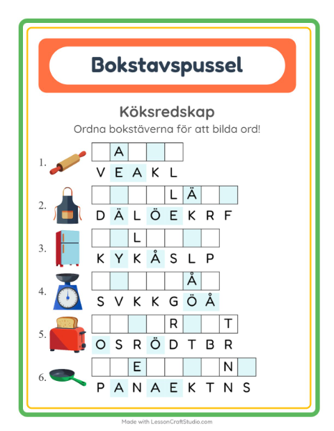 Förhandsvisning av Bokstavspussel-arbetsblad med Köksredskap för Årskurs 1