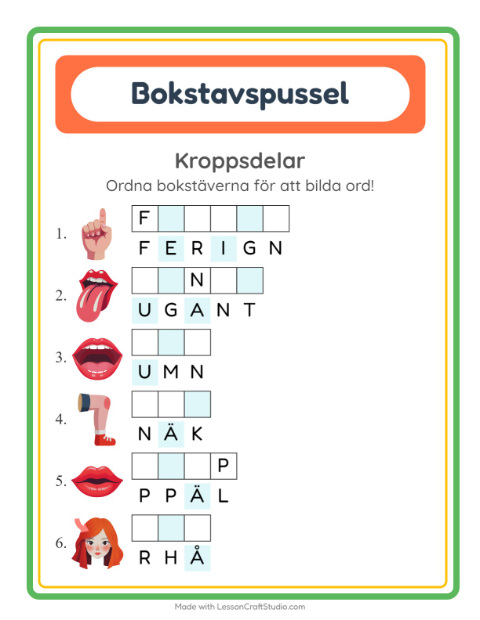 Förhandsvisning av Bokstavspussel-arbetsblad med Kroppsdelar för Årskurs 1