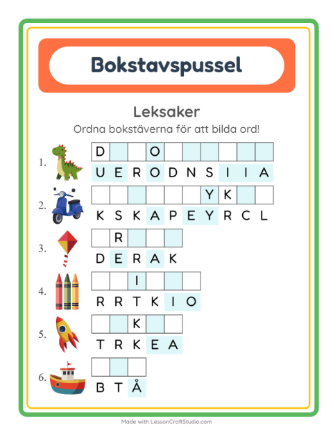 Förhandsvisning av Bokstavspussel-arbetsblad med Leksaker för Årskurs 1