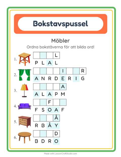 Förhandsvisning av Bokstavspussel-arbetsblad med Möbler för Årskurs 1