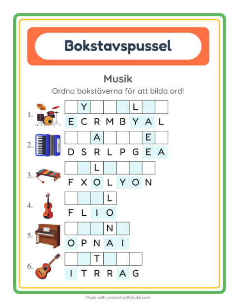 Förhandsvisning av Bokstavspussel-arbetsblad med Musik för Årskurs 1