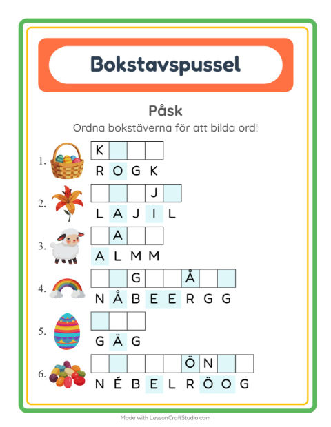Förhandsvisning av Bokstavspussel-arbetsblad med Påsk för Årskurs 1