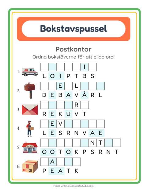 Förhandsvisning av Bokstavspussel-arbetsblad med Postkontor för Årskurs 1