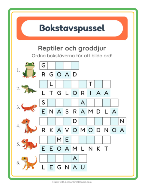 Förhandsvisning av Bokstavspussel-arbetsblad med Reptiler och groddjur för Årskurs 1