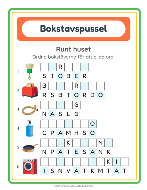 Förhandsvisning av Bokstavspussel-arbetsblad med Runt huset för Årskurs 1