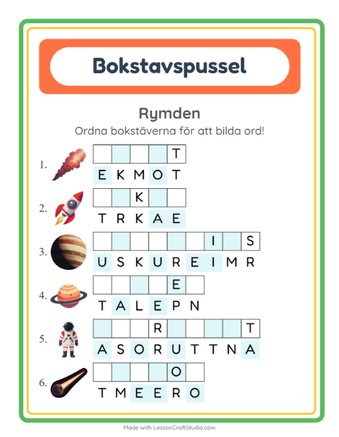 Förhandsvisning av Bokstavspussel-arbetsblad med Rymden för Årskurs 1