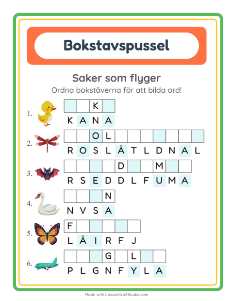 Förhandsvisning av Bokstavspussel-arbetsblad med Saker som flyger för Årskurs 1