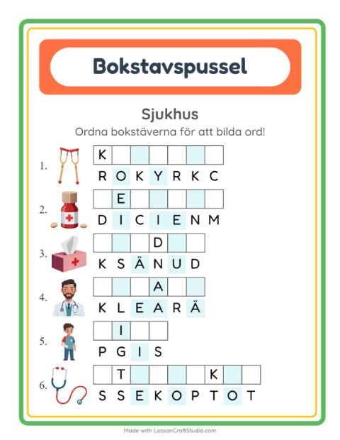 Förhandsvisning av Bokstavspussel-arbetsblad med Sjukhus för Årskurs 1