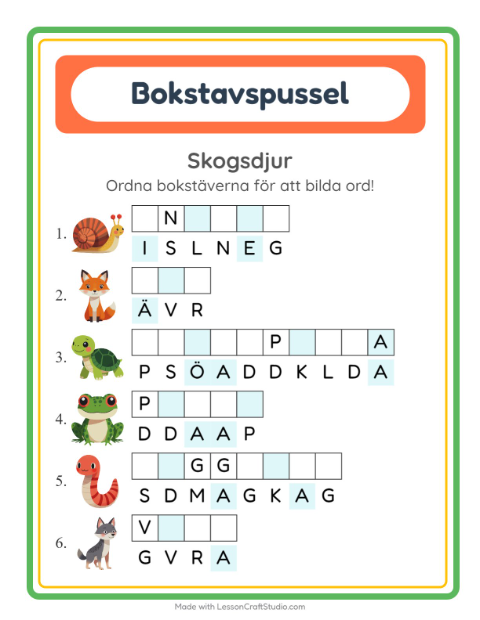 Förhandsvisning av Bokstavspussel-arbetsblad med Skogsdjur för Årskurs 1