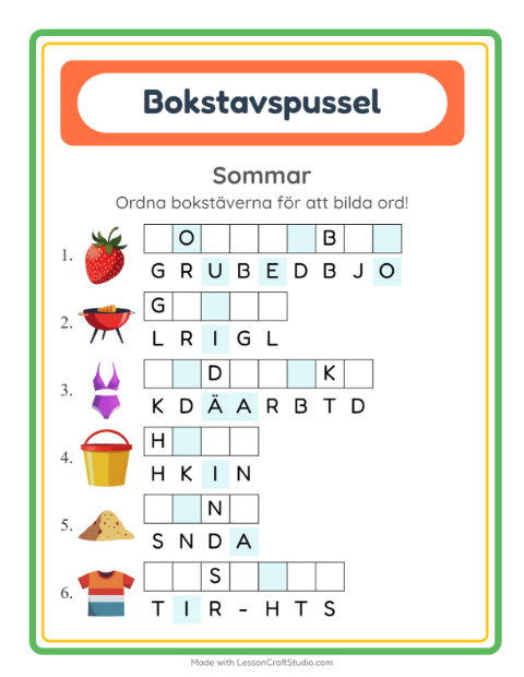 Förhandsvisning av Bokstavspussel-arbetsblad med Sommar för Årskurs 1