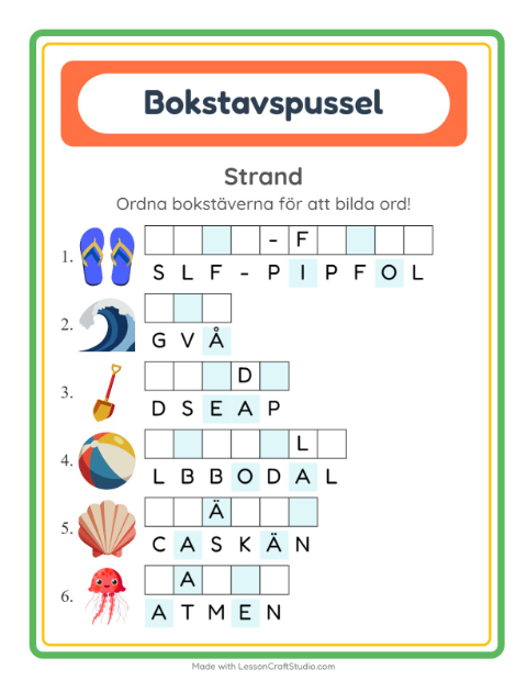 Förhandsvisning av Bokstavspussel-arbetsblad med Strand för Årskurs 1