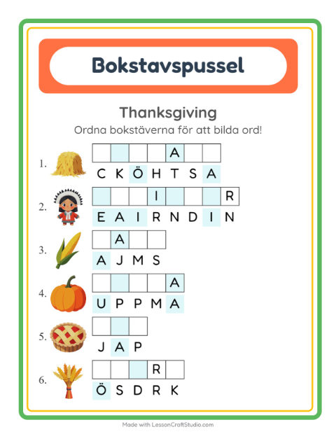 Förhandsvisning av Bokstavspussel-arbetsblad med Thanksgiving för Årskurs 1