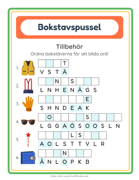 Förhandsvisning av Bokstavspussel-arbetsblad med Tillbehör för Årskurs 1