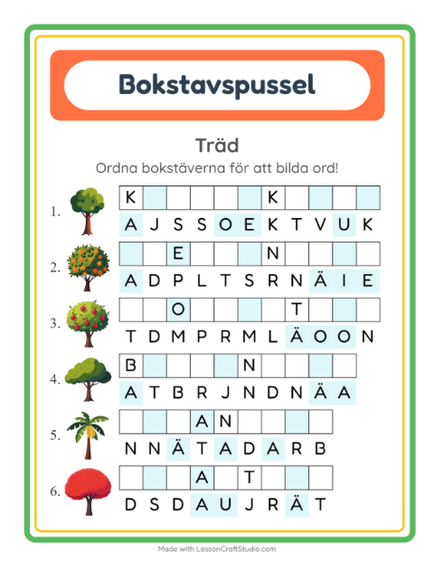 Förhandsvisning av Bokstavspussel-arbetsblad med Träd för Årskurs 1