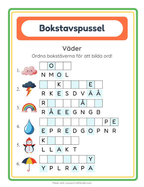 Förhandsvisning av Bokstavspussel-arbetsblad med Väder för Årskurs 1