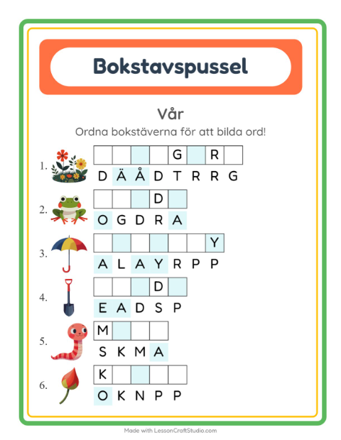 Förhandsvisning av Bokstavspussel-arbetsblad med Vår för Årskurs 1