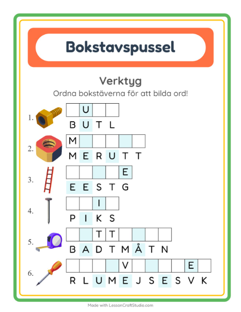 Förhandsvisning av Bokstavspussel-arbetsblad med Verktyg för Årskurs 1