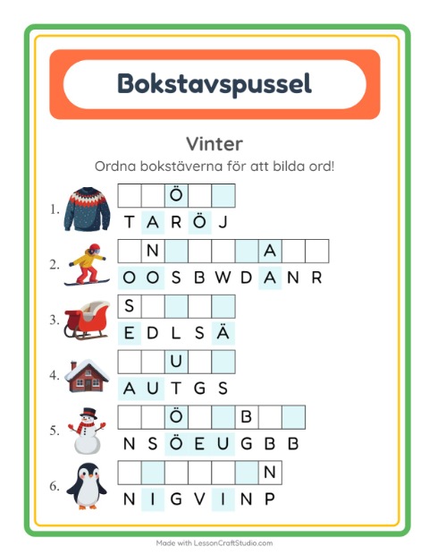 Förhandsvisning av Bokstavspussel-arbetsblad med Vinter för Årskurs 1