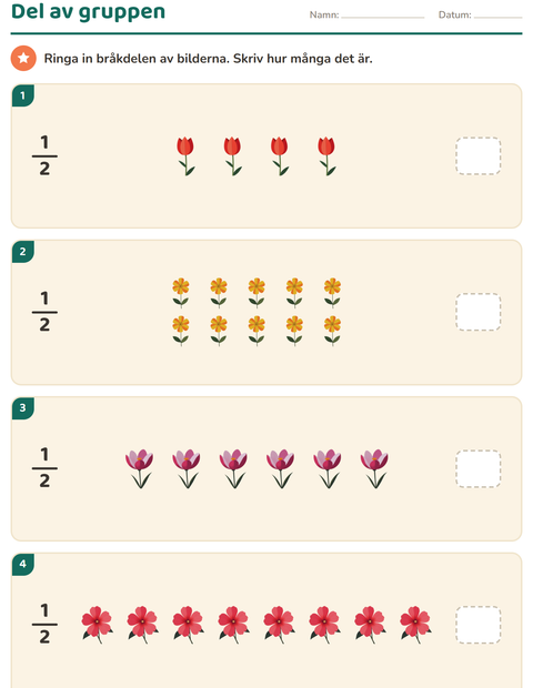 Förhandsvisning av Bråk-arbetsblad med Blommor för Årskurs 3