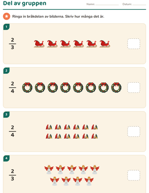 Förhandsvisning av Bråk-arbetsblad med Jul för Årskurs 3