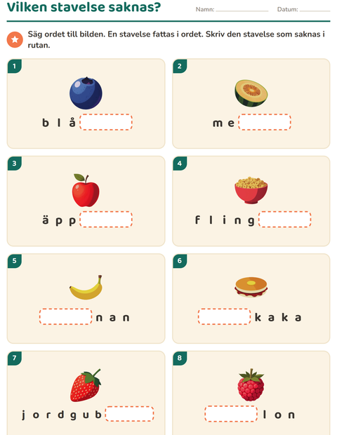 Förhandsvisning av Dela upp ord i stavelser-arbetsblad med Frukost för Årskurs 1