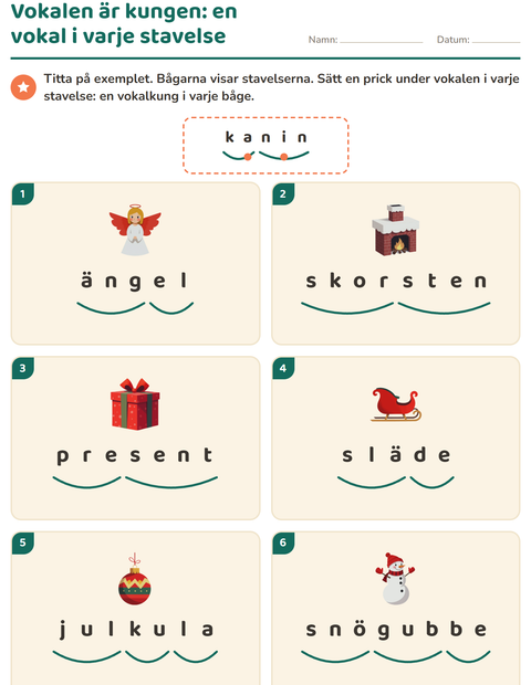 Förhandsvisning av Dela upp ord i stavelser-arbetsblad med Jul för Årskurs 1