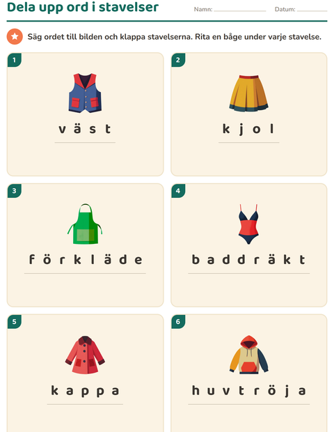 Förhandsvisning av Dela upp ord i stavelser-arbetsblad med Kläder för Årskurs 1