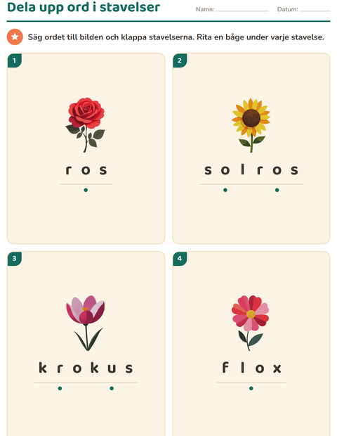 Förhandsvisning av Dela upp ord i stavelser-arbetsblad med Blommor för Årskurs 1