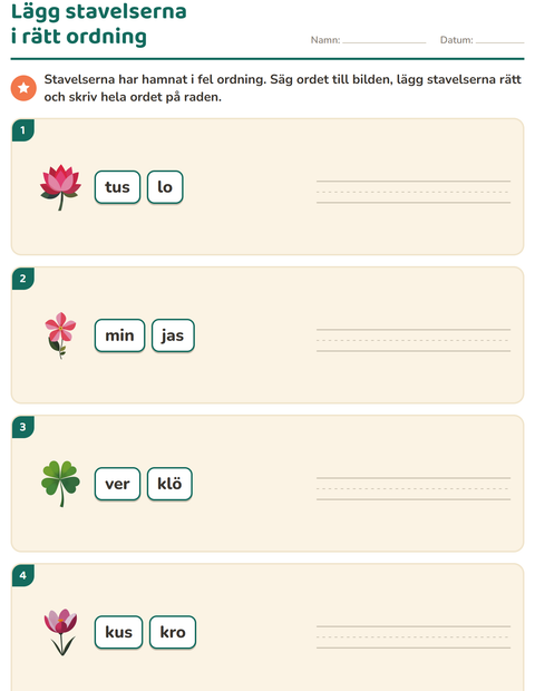 Förhandsvisning av Dela upp ord i stavelser-arbetsblad med Blommor för Årskurs 1