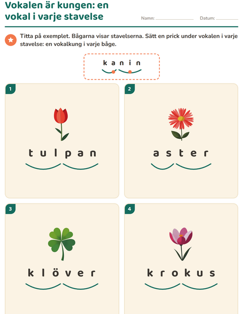 Förhandsvisning av Dela upp ord i stavelser-arbetsblad med Blommor för Årskurs 1