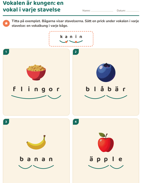 Förhandsvisning av Dela upp ord i stavelser-arbetsblad med Frukost för Årskurs 1