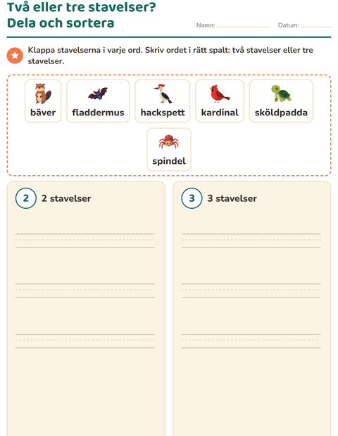 Förhandsvisning av Dela upp ord i stavelser-arbetsblad med Skogsdjur för Årskurs 1