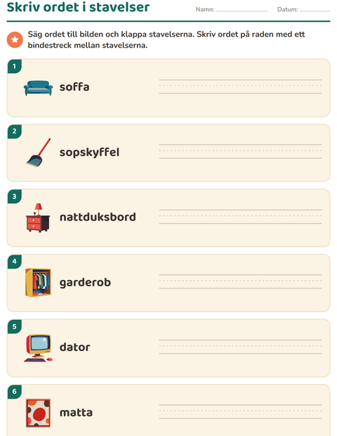 Förhandsvisning av Dela upp ord i stavelser-arbetsblad med Runt huset för Årskurs 1