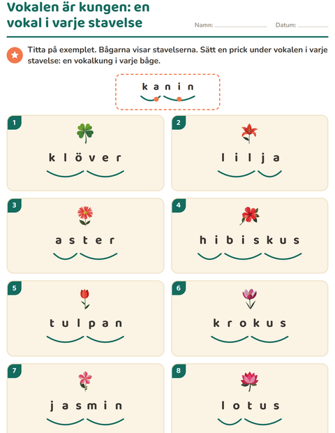 Förhandsvisning av Dela upp ord i stavelser-arbetsblad med Blommor för Årskurs 1
