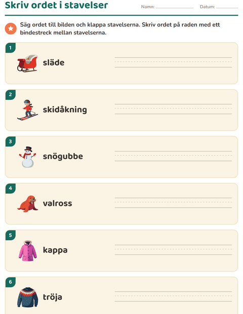 Förhandsvisning av Dela upp ord i stavelser-arbetsblad med Vinter för Årskurs 1