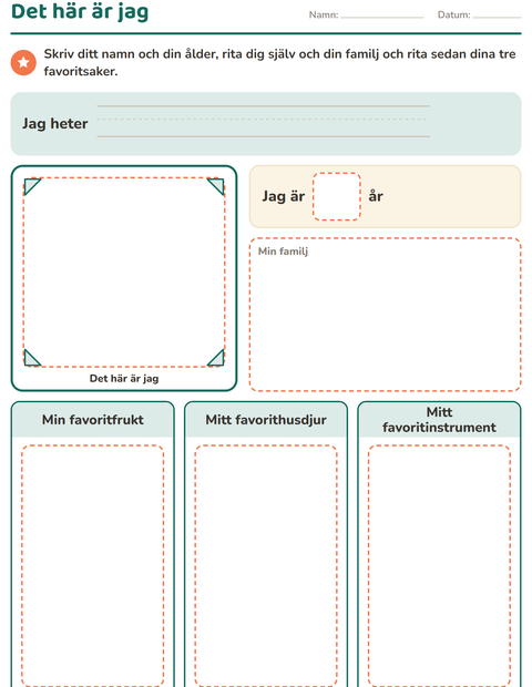 Förhandsvisning av Det här är jag-arbetsblad för Förskoleklass